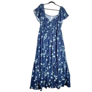 Ava & Viv Navy Blue Floral Maxi Dress 2X Flutter Sleeve Tiered Rayon Square Neck